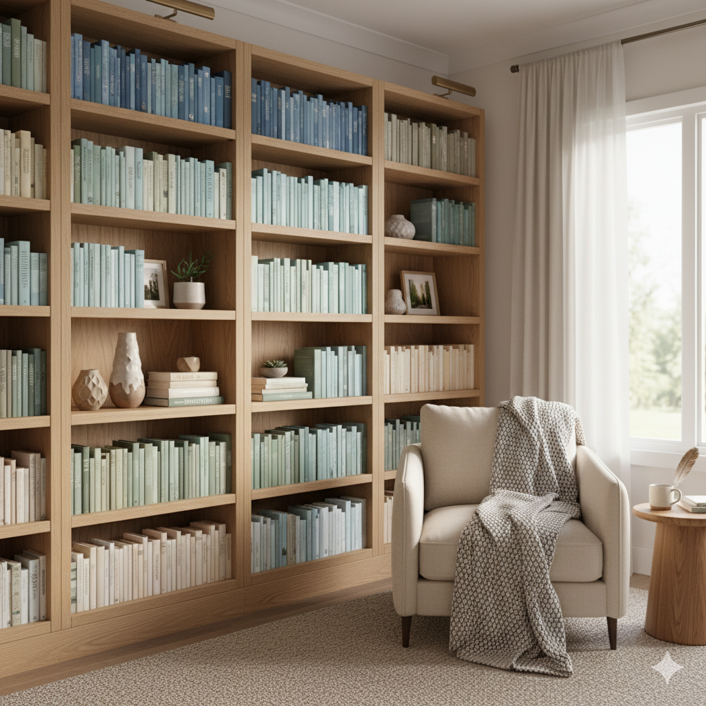 Hoarding junk removal and hoarding clean out services - clean, organized books on shelves in a clean room.