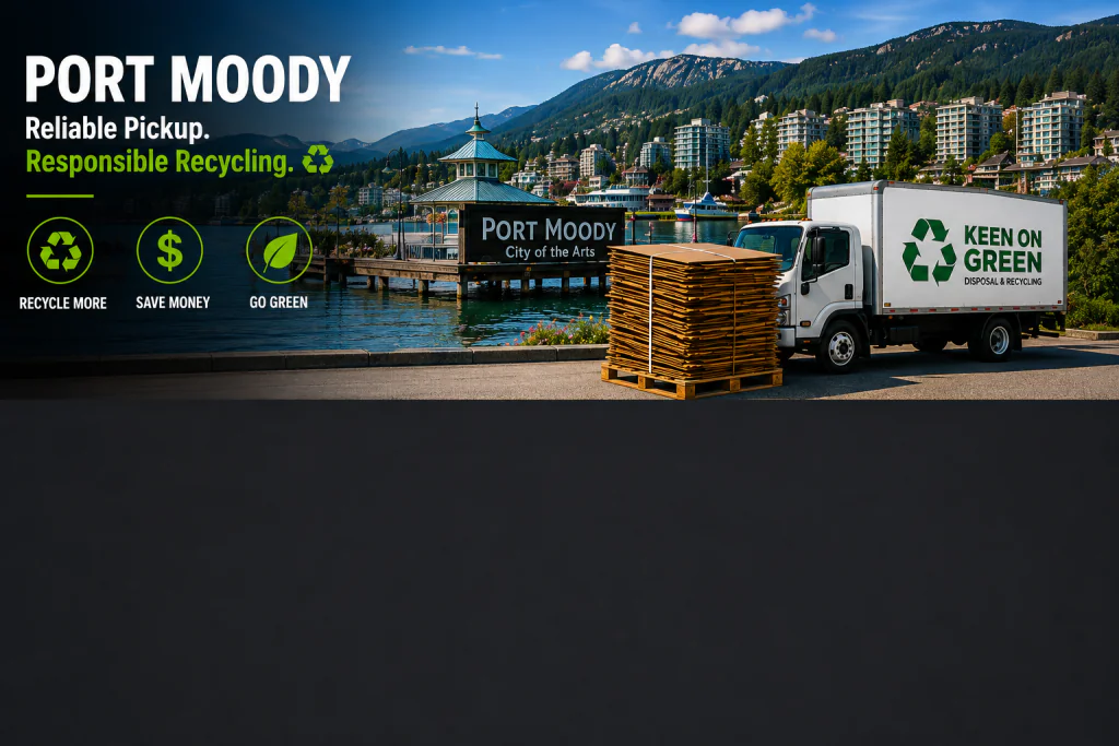 Bulk cardboard recycling Port Moody BC - Barn with Langley written on it and a junk removal truck with a bundle of cardboard.